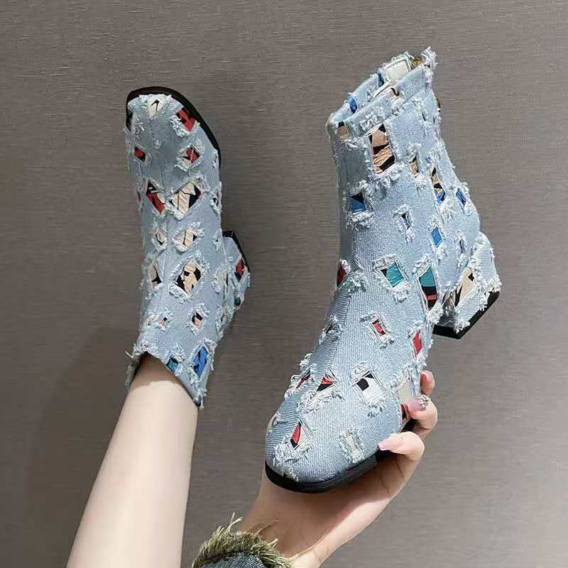 Sewing Zipper - 2026 Spring Autumn Thick-soled High-heel Denim